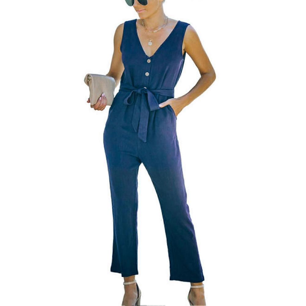 Women Deep V Neck Button Belted Jumpsuit Pure Color Fashionable Slimming Women Sleeveless Jumpsuit For Summer Dark Blue L