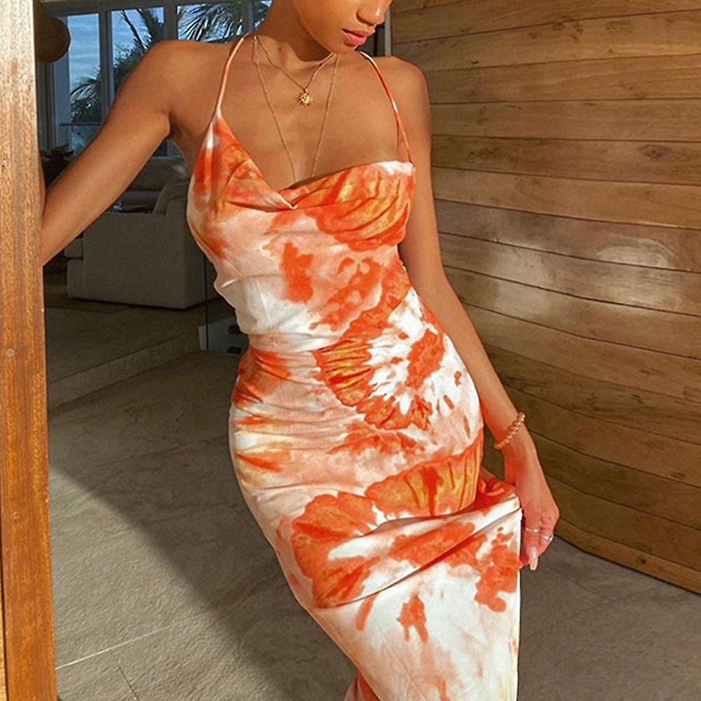 Women Dresses Summer Ladies Fashion Print Color Halter Round Neck Long Dress