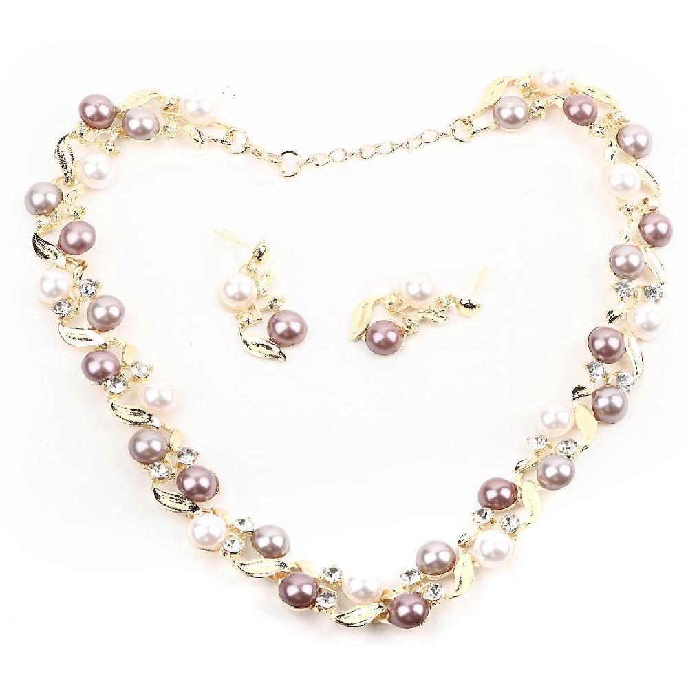 Women Faux Pearl Necklace Earrings Set Bridal Jewelry Set with Rhinestone(Gold)