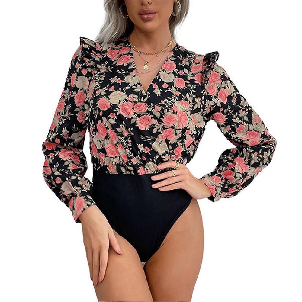 Women Floral Print Bodysuit Stretchy Wrap V Neck Ruffle Trim One Piece Patchwork Bodycon Jumpsuit XL Black