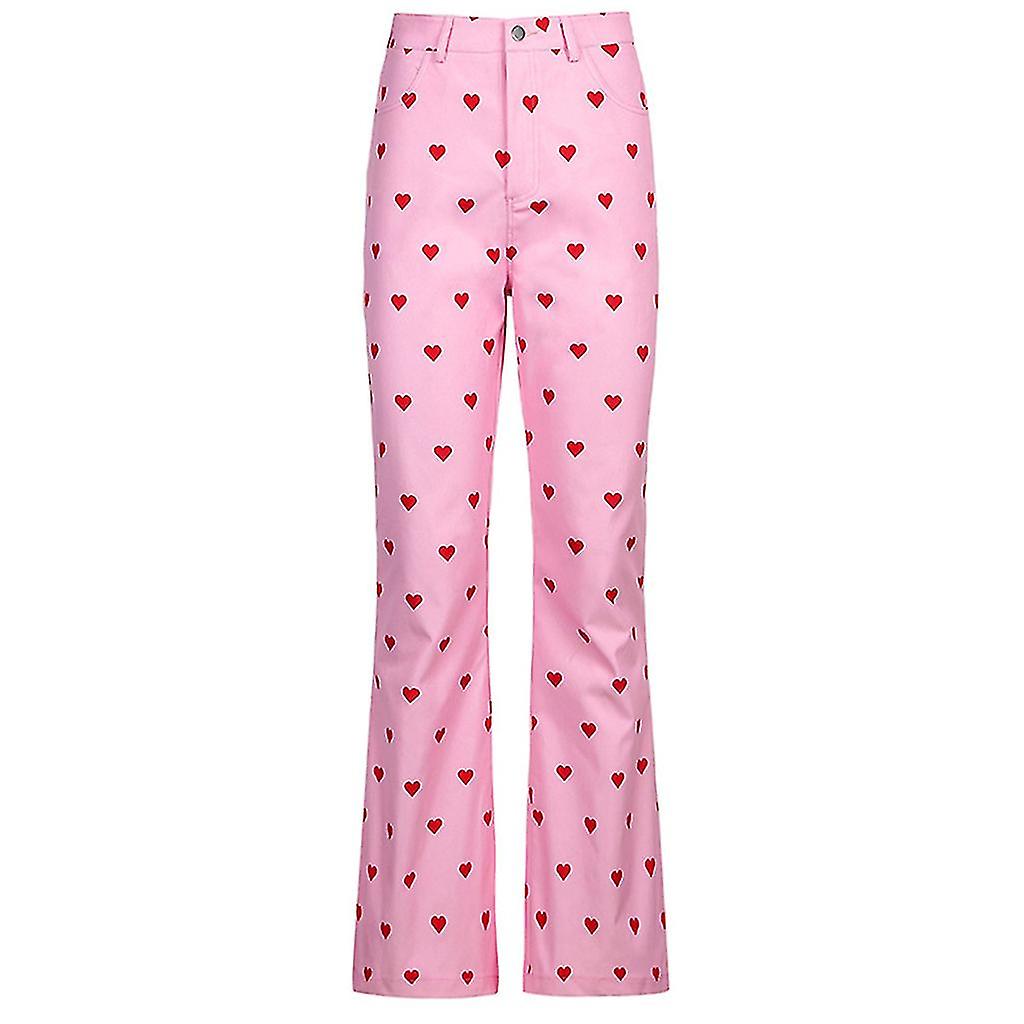 Women Harajuku High Waist Pink Pants Sweet Red Heart Print Polka Dot Trousers Vintage Flare Bell Bottom Casual Loose Streetwear With Pockets