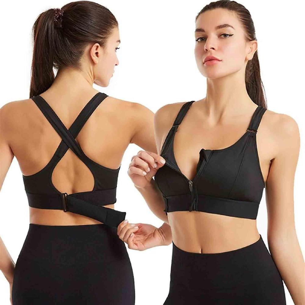 Women High Impact Sports Bra Front Zipper Plus Size Padded Yoga Push Up Vest