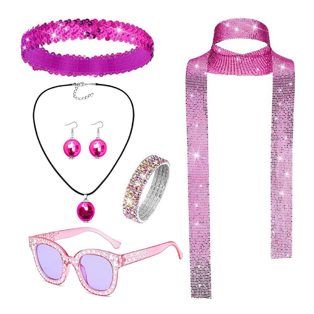 Women Hippie Costume Accessories Sequin Jewelry Set Earrings Glasses Headband Bracelet Disco Party Outfits 1970s Prom Bling Decor
