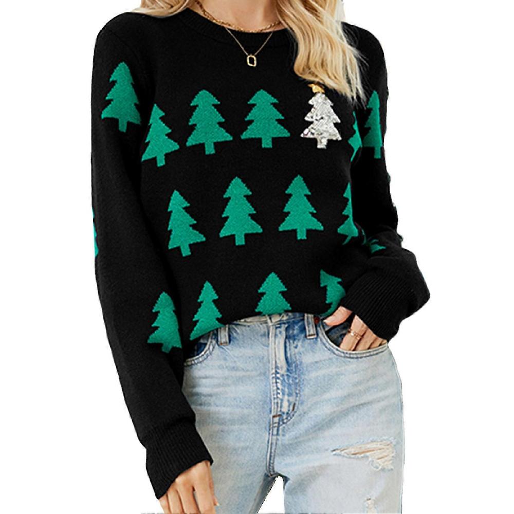 Women Jacquard Pullover Sweater Round Neck Long Sleeve Casual Christmas Sweater For Home Outdoor Dating Black L