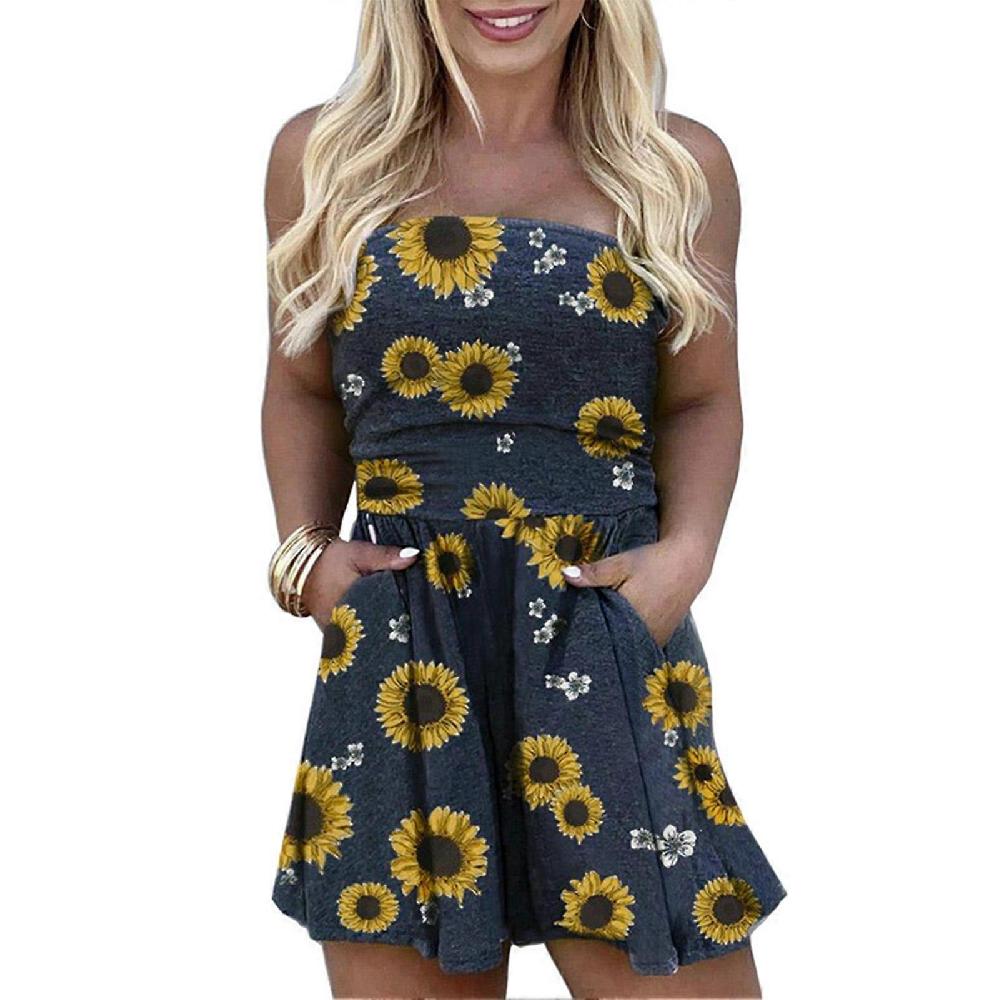 Women Jumpsuit Sleeveless Rompers High Waist Off Shoulder Strapless Wide Leg With Pocket Yellow 2XL