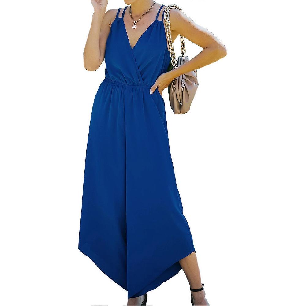 Women Jumpsuits Casual Sleeveless Crossed V Neck Jumpsuits Rompers Loose Wide Leg Long Pants For Women Fancy Blue S