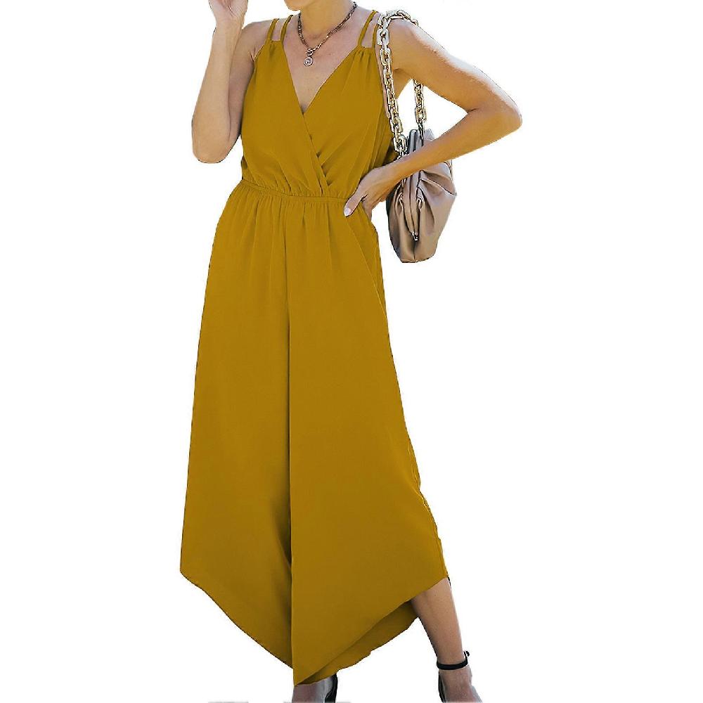Women Jumpsuits Casual Sleeveless Crossed V Neck Jumpsuits Rompers Loose Wide Leg Long Pants for Women Yellow XL