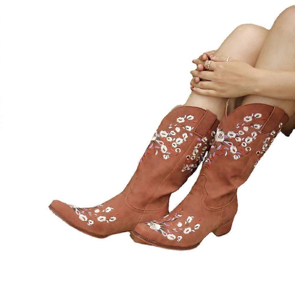 Women Large Size Retro Flowers Embroidered Slip On Cowboy Boots