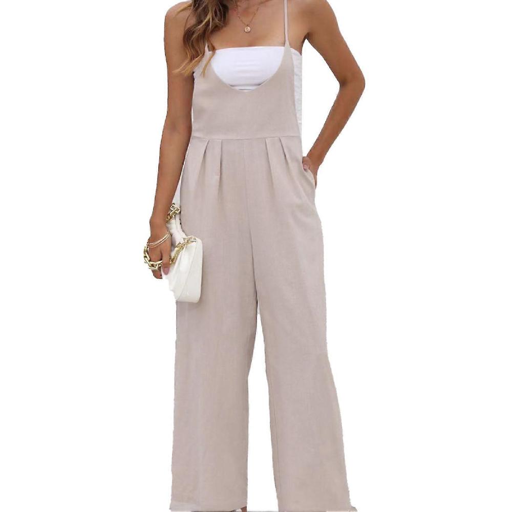 Women Long Overalls Spaghetti Straps Sleeveless Side Pockets One Piece Casual Loose Jumpsuit Khaki