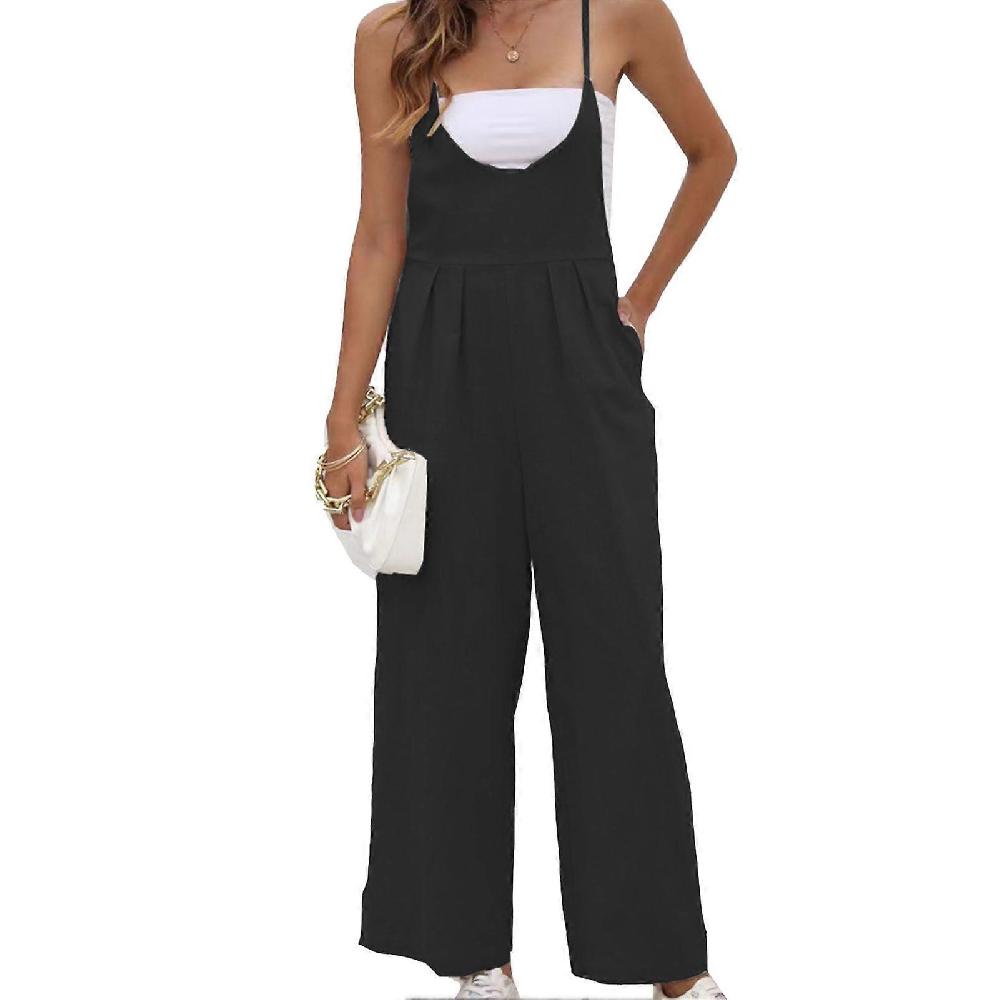 Women Long Overalls Spaghetti Straps Sleeveless Side Pockets One Piece Casual Loose Jumpsuit Black