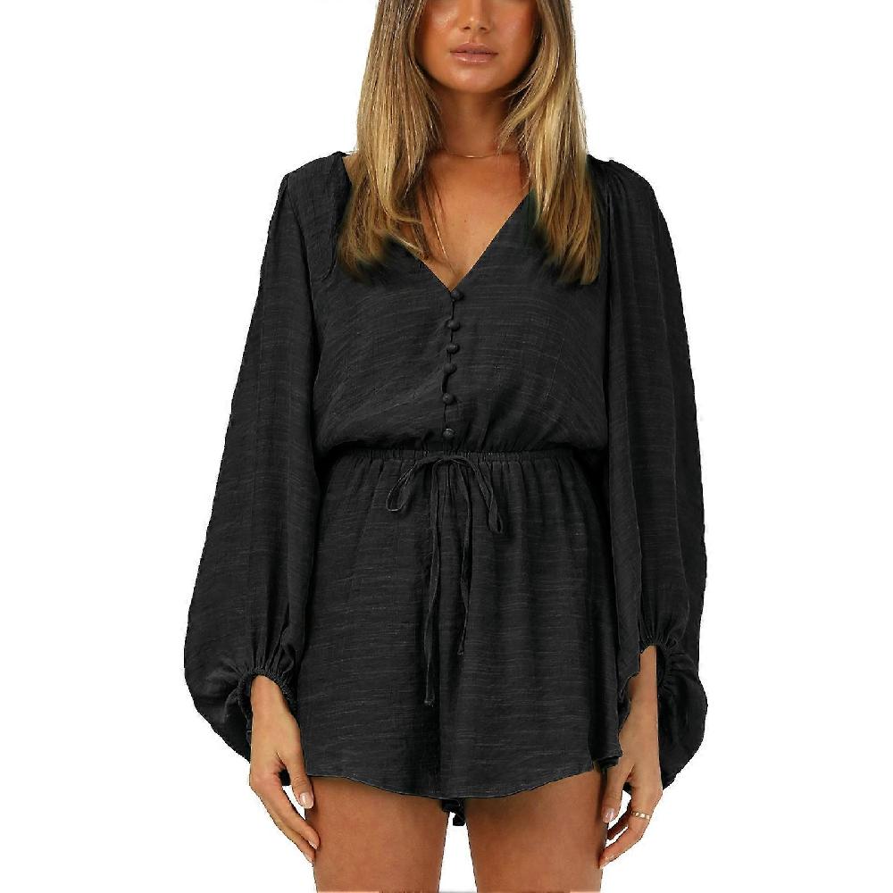 Women Long Sleeve Short Jumpsuit Polyester Fiber Pure Color Drawstring Waist V Neck Button Short Romper For Daily Work Black S