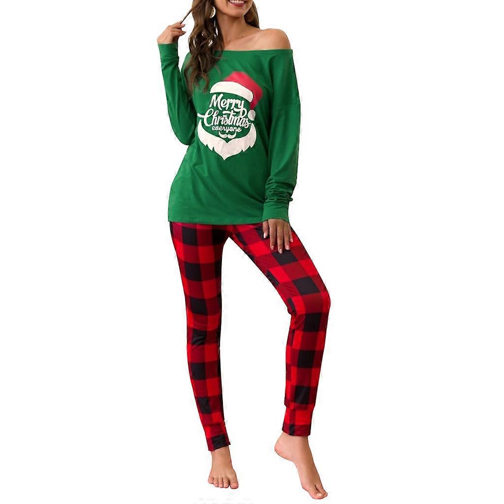 Women Lounge Set One Shoulder Long Sleeves Christmas Print Grid Pants Pajamas Set for Daily Life Green XL