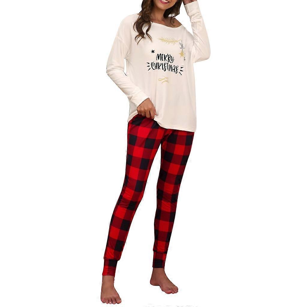Women Lounge Set One Shoulder Long Sleeves Christmas Print Grid Pants Pajamas Set for Daily Life White XL
