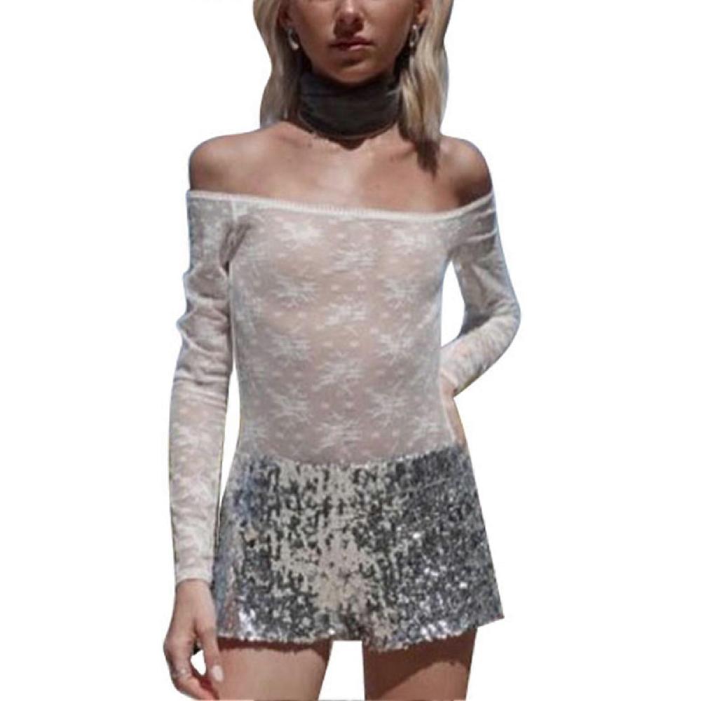 Women Mesh Jumpsuits Off Shoulder Lace Bodysuit Sheer Mesh Shirt Long Sleeve Mesh Bodysuit Charming Jumpsuits White L