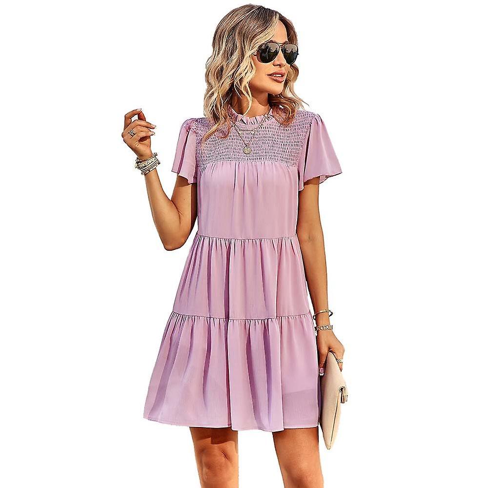 Women Mock Neck Flutter Sleeve Ruched High Waist Solid-Color Short Dress Beach Sundress