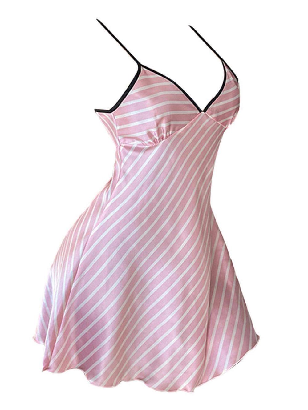Women Nightgown Pajamas Sleeveless V-Neck Nightwear Dress Sexy Backless Sleepwear Soft Satin Slip Sleep Dress Chemise Nightwear White Printed Pajamas