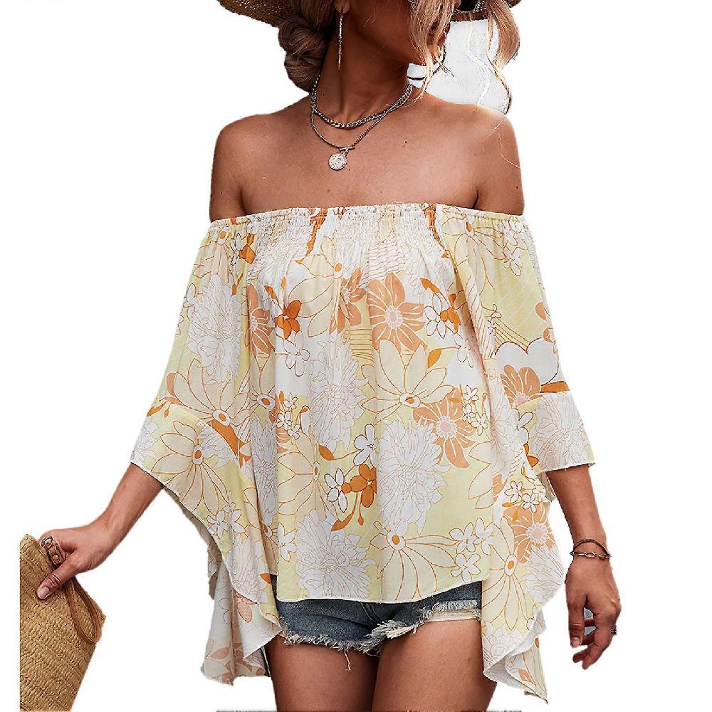 Women Off Shoulder Tops Summer High Low Hem Loose Bell Sleeve Shirred Floral Print Shirt Blouse Yellow M