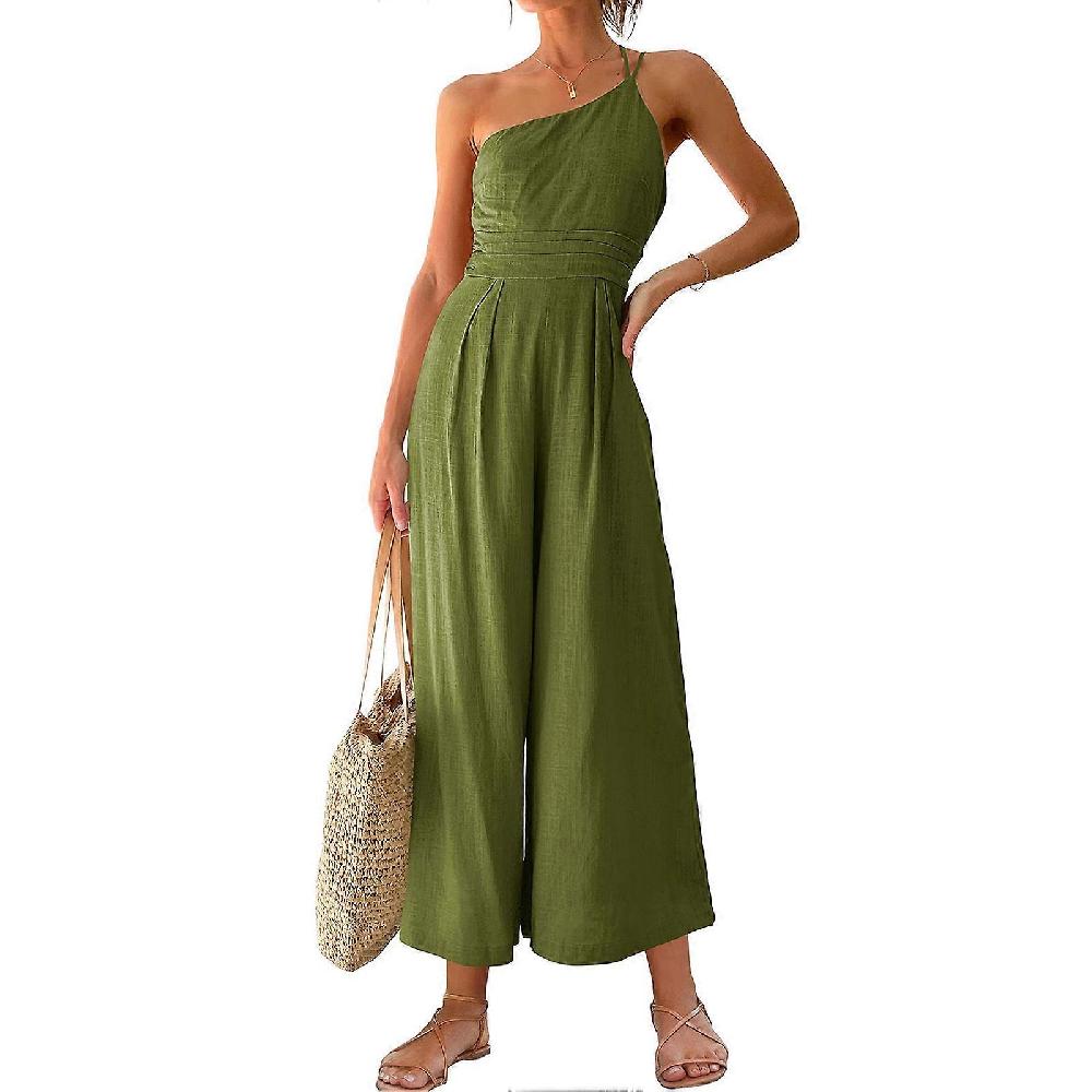Women One Shoulder Straps Romper Summer Casual Pleated Sleeveless High Waist Wide Leg Jumpsuit Green L
