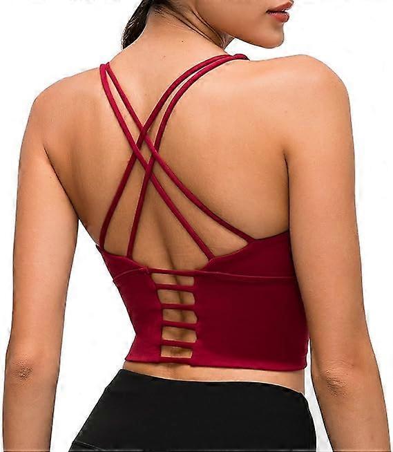 Women Padded Strappy Sports Bra Longline Workout Yoga Tank Top With Built In Shelf Bra-M Red