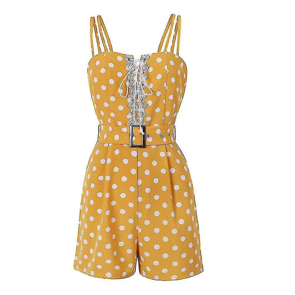 Women Polka Dot Spaghetti Strap Sleeveless Romper Playsuit Belted Jumpsuit Shorts-c