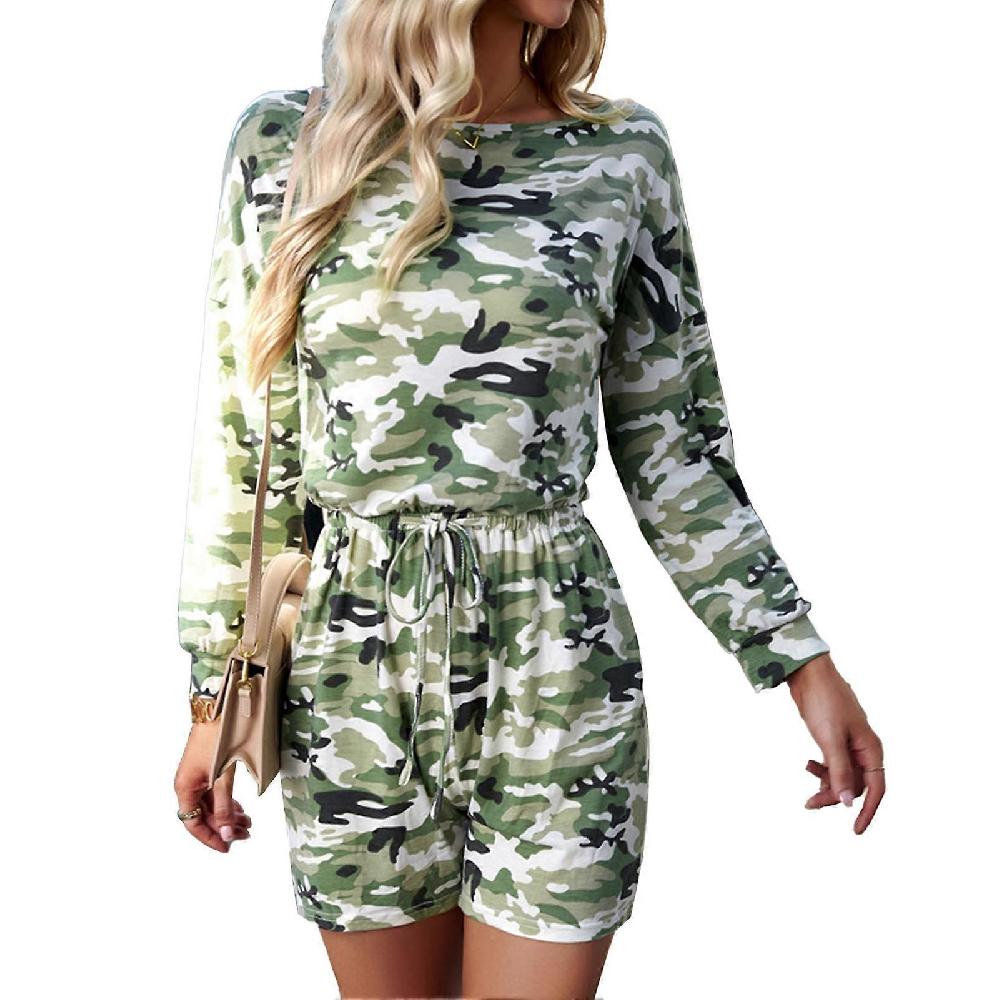 Women Printed Jumpsuit Long Sleeve Round Neck Casual Fitted Drawstring Elastic Waisted Printed Jumpsuit For Daily Life S Light Green