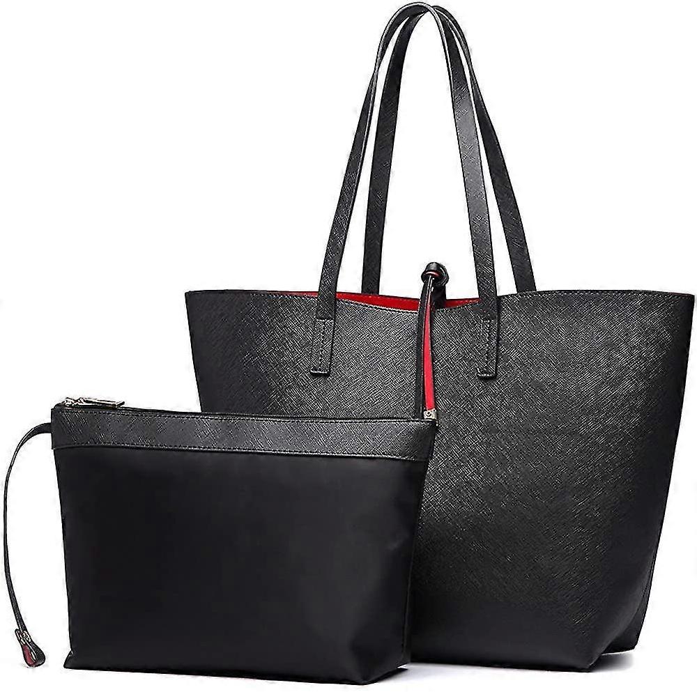 Women Reversible Tote Bag Faux Leather Shoulder Handbag Large Shopper Set Two