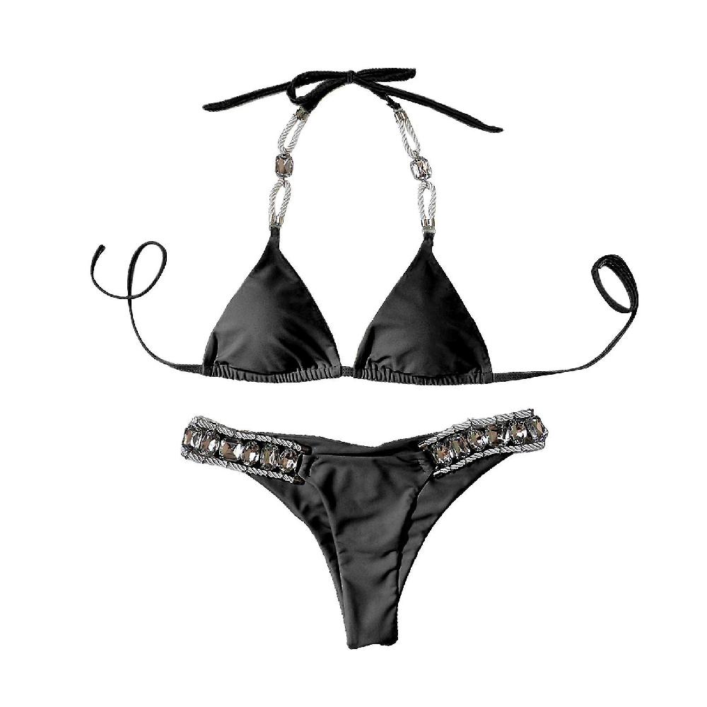 Women Rhinestone Swimsuit Bra Thong Bikini Set Bathing Suit Swimwear Black M
