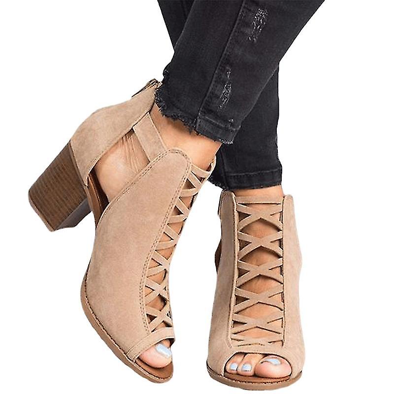 Women's Casual Block Heel Open Peep Toe Zip Up Ankle Boots Sandals