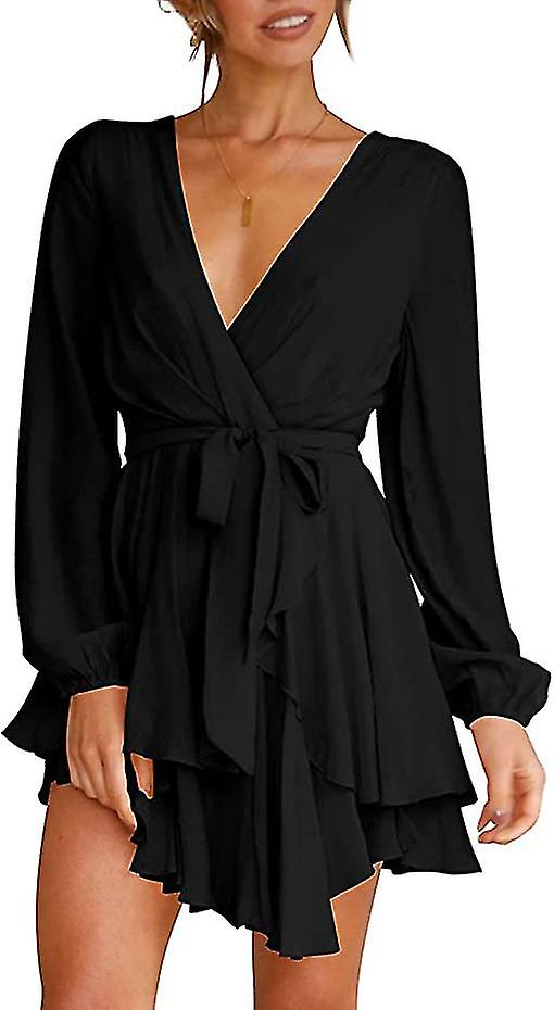 Women's Dress Deep V-Neck Long Sleeve Waist Tie Ruffle Mini Swing Skater Dresses WHBYV