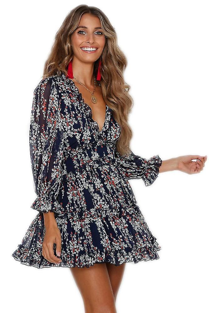 Women's Dress Deep V-Neck Long Sleeve Waist Tie Ruffle Mini Swing Skater Dresses WHBYV