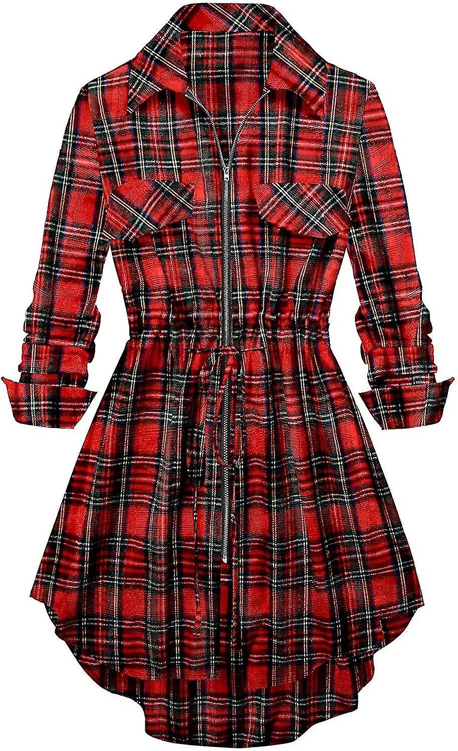 Women's Fall Dresses Vintage Plaid Zip-up Long Sleeve Mid Length Shirt Clothes S-2xl