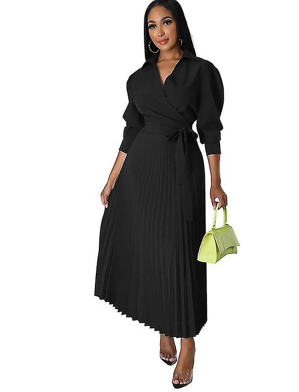 Women's Fall Midi Dress Casual Long Sleeve V Neck Flowy Dresses Black