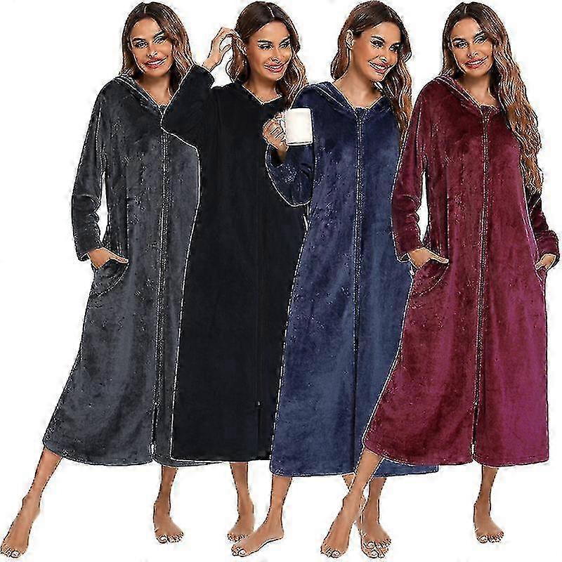 Women's Flannel Robe Zipper Front Robes Full Length Bathrobe-FPJ23