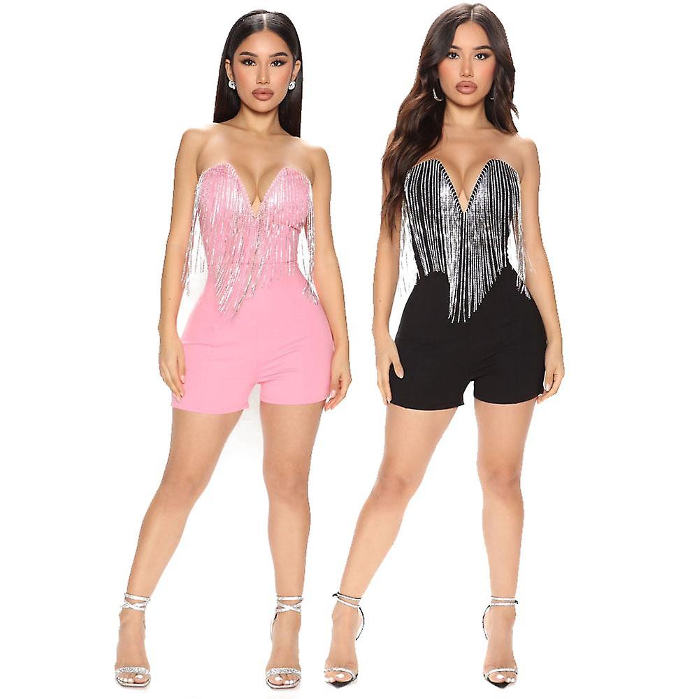 Women's Off Shoulder Short Jumpsuits Sexy Tassels Romper