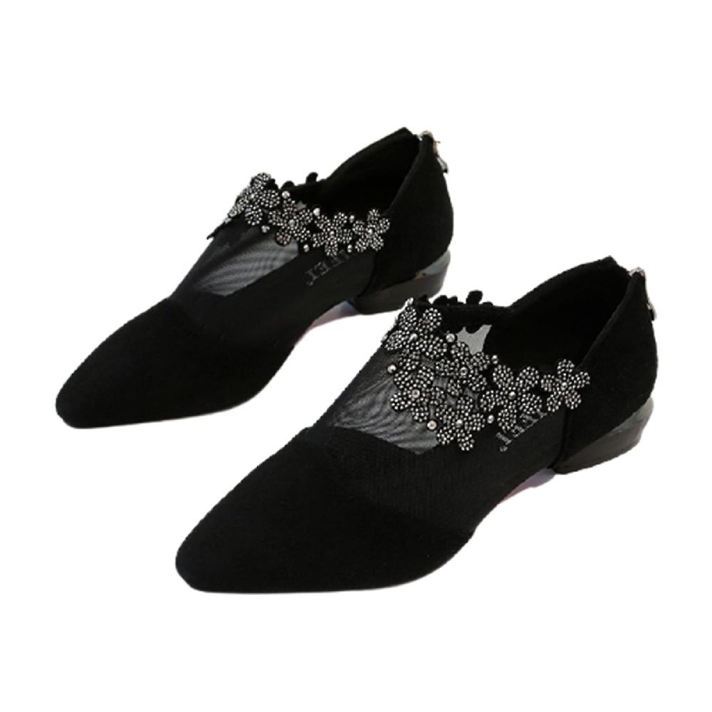 Women's Pointy Toe Flats Shoes With Thick Heel Translucent Mesh Elegant Shoes With Back Zipper Summer Supply