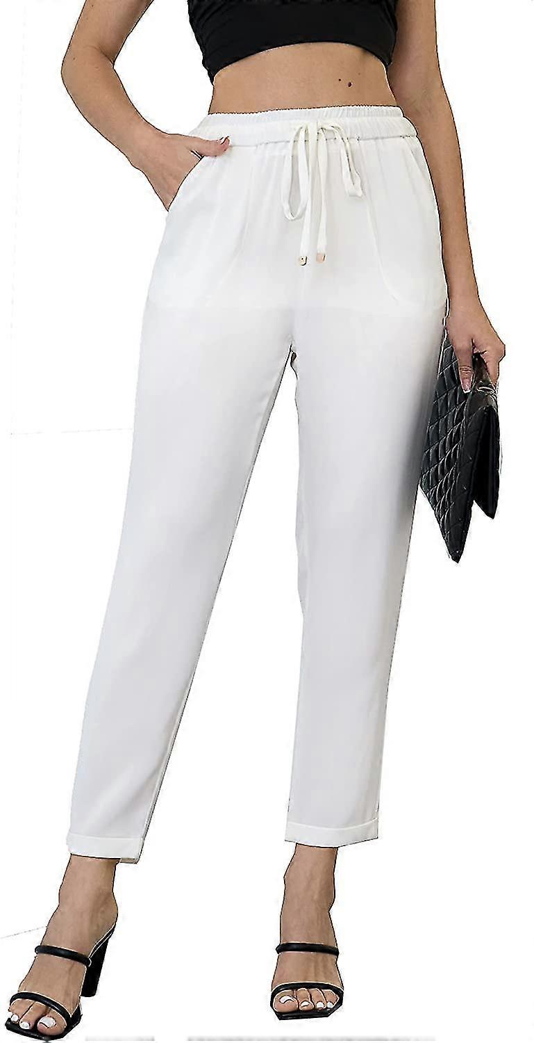 Women's Satin Pants Dress Casual Pleated Pull On High Waist Pants With Pockets S-2xl