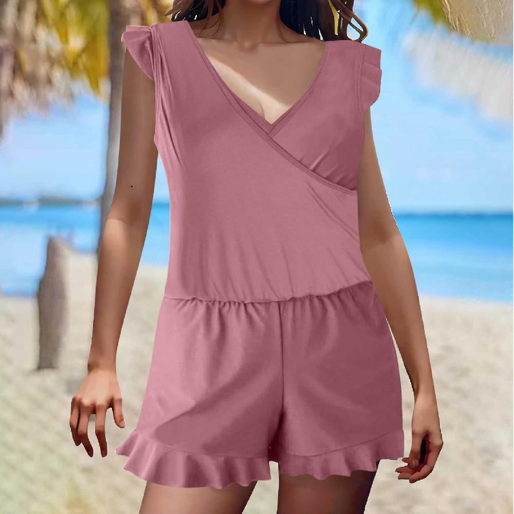 Women's Solid Color Built-in Bra Shorts With Pockets Flat Angle Jumpsuit Swimsuit GAO1257