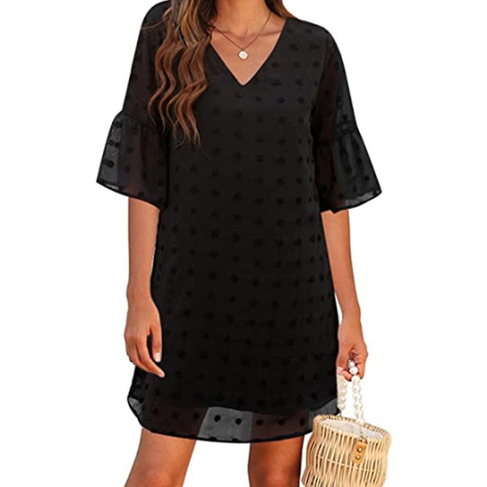Women's Summer Ruffle Mid-Length Sleeve Mini Dress V Neck Tiered Chiffon Skirt