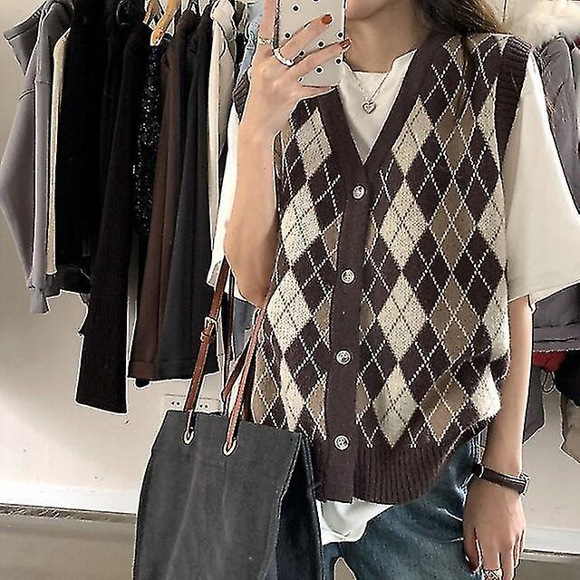 Women's Sweater Vest Jumper Knit Knitted Button Plaid V Neck Stylish Casual Daily Going Out Spring Summer Navy Blue Coffee One-size / Sleeveless / Reg