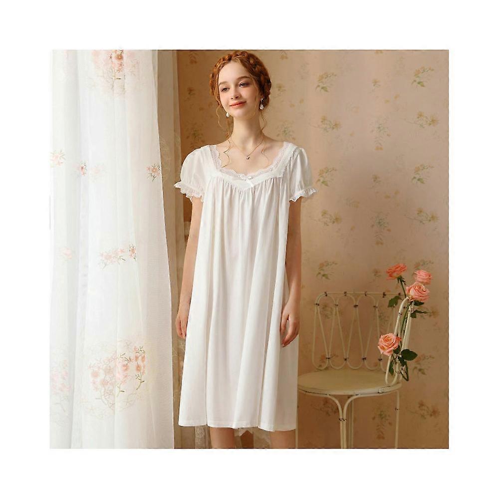 Women's Vintage Victorian Sleepwear Short Sleeve Sleep Dress-White