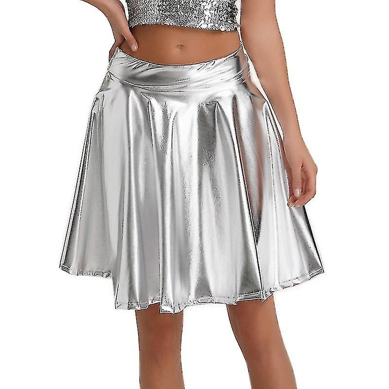 Women's Y2k Holographic Shiny Metallic Flared Skirt Casual A Line High Waist Skirt Dancewear Whbyv