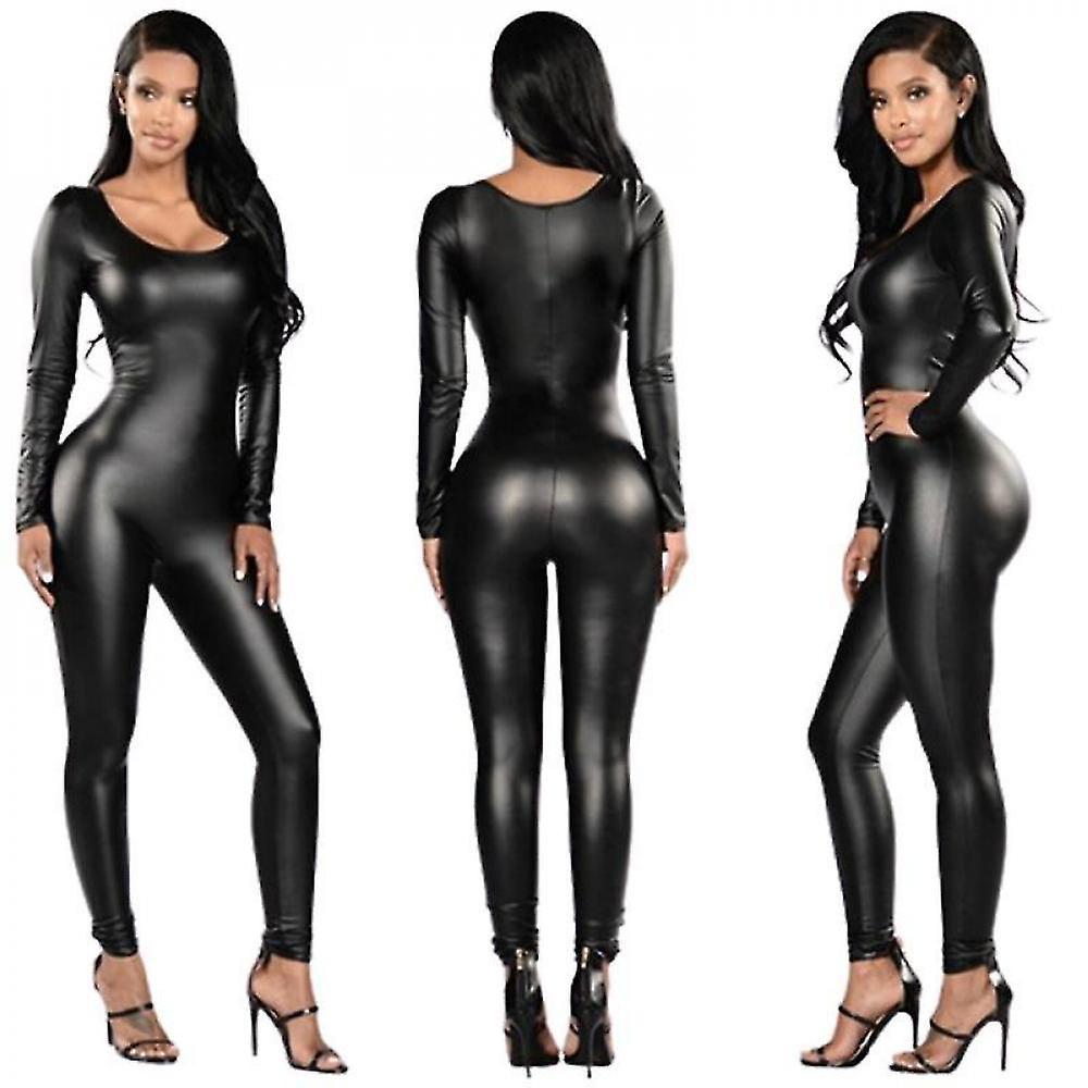 Women Sexy One Piece Jumpsuit Faux Leather Back Zipper Rompers SJD