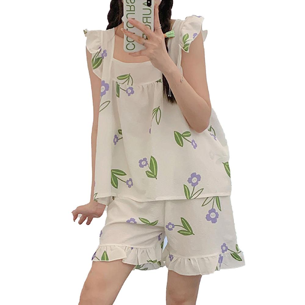 Women Short Pajamas Set Female Summer Cotton Tank Top Shorts Cute Printing Loungewear 84112 M
