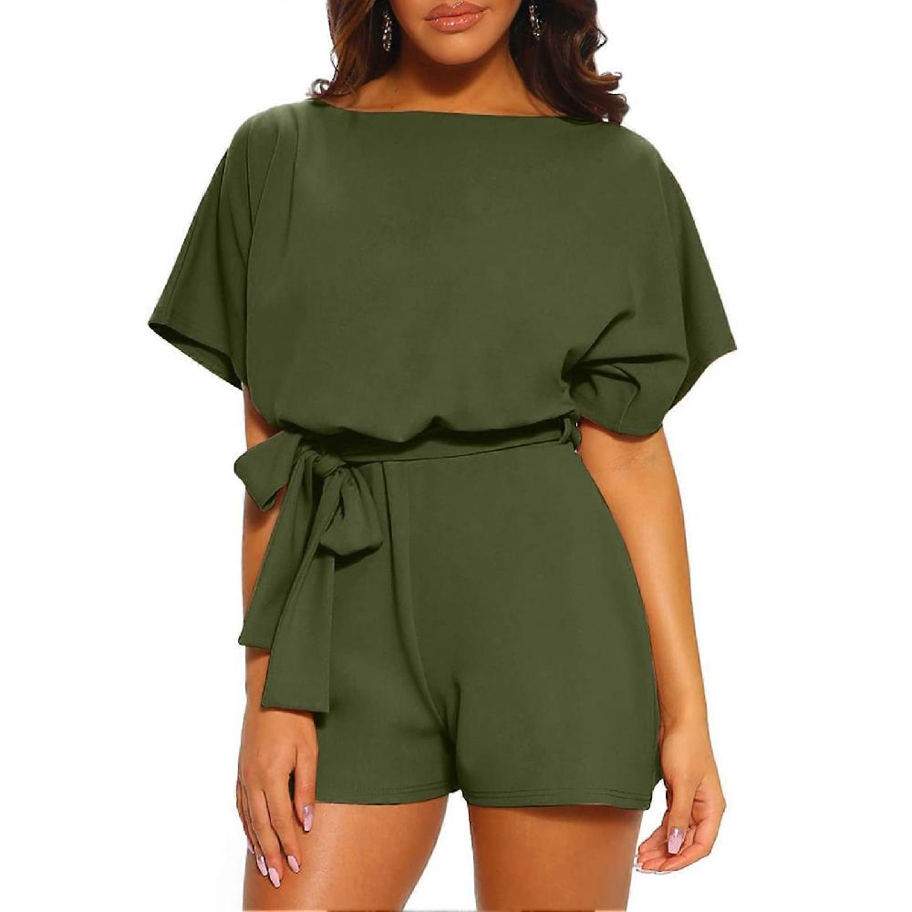 Women Short Sleeve Belted Romper Round Neck Pure Color Wide Leg Short Pants High Waist Jumpsuit Green S