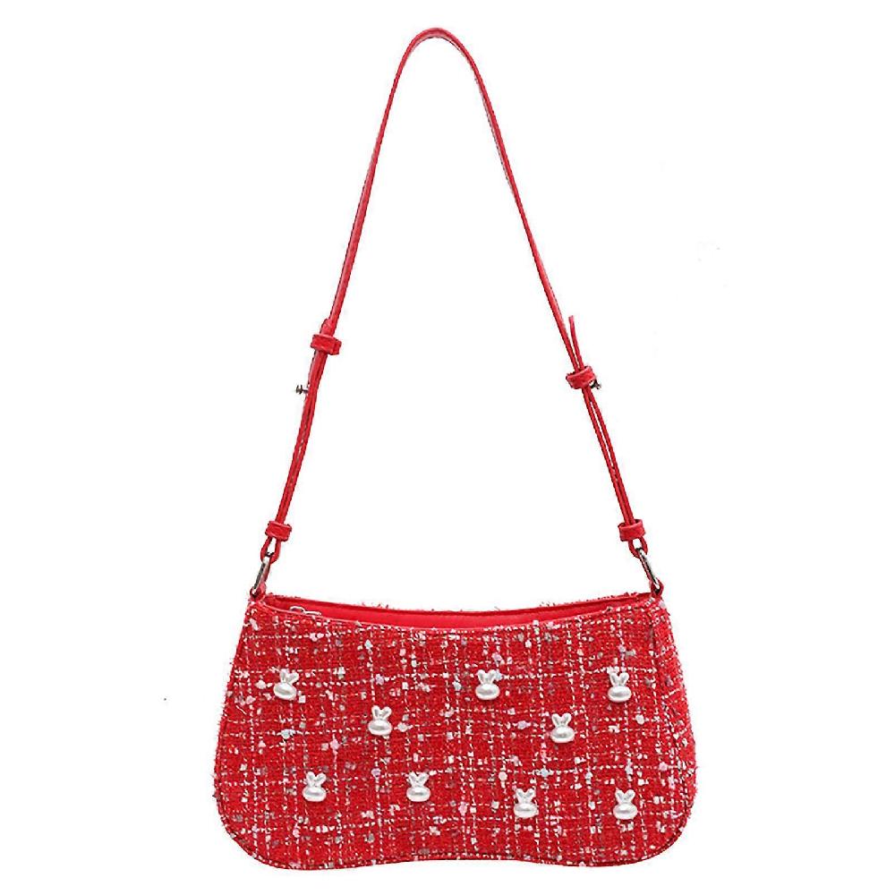 Women Shoulder Bag Hand Purse Pearl Plaid Fabric Fashion All Matching With Smooth Zipper Red Free Size