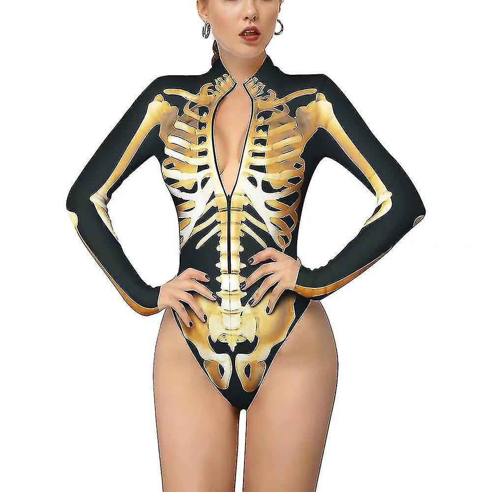 Women Skeleton Bone Frame Lonng Sleeve V-neck Bodysuit Halloween Party Cosplay Costume Fancy Dress