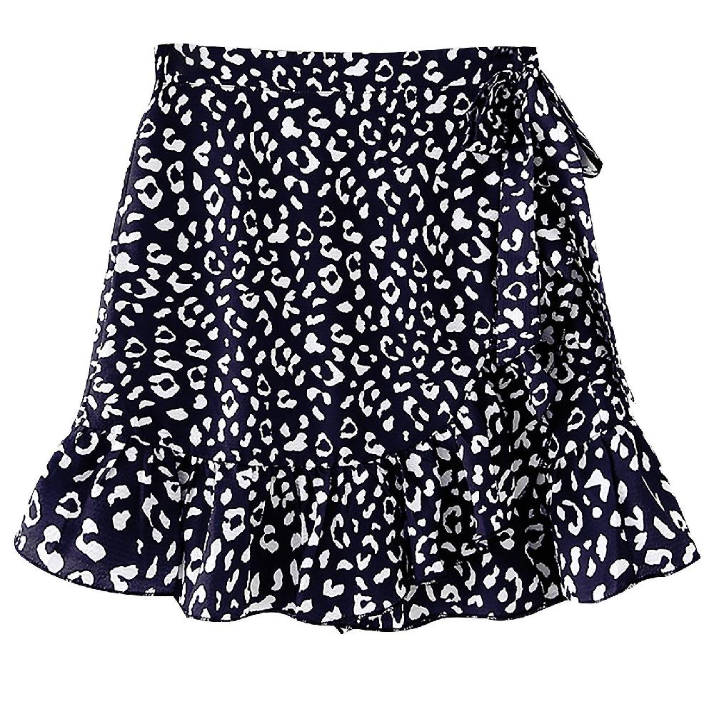 Women Skirt Fashion Women Casual Print Ruffles A-Line Pleated Lace Up Bandage Short Skirt