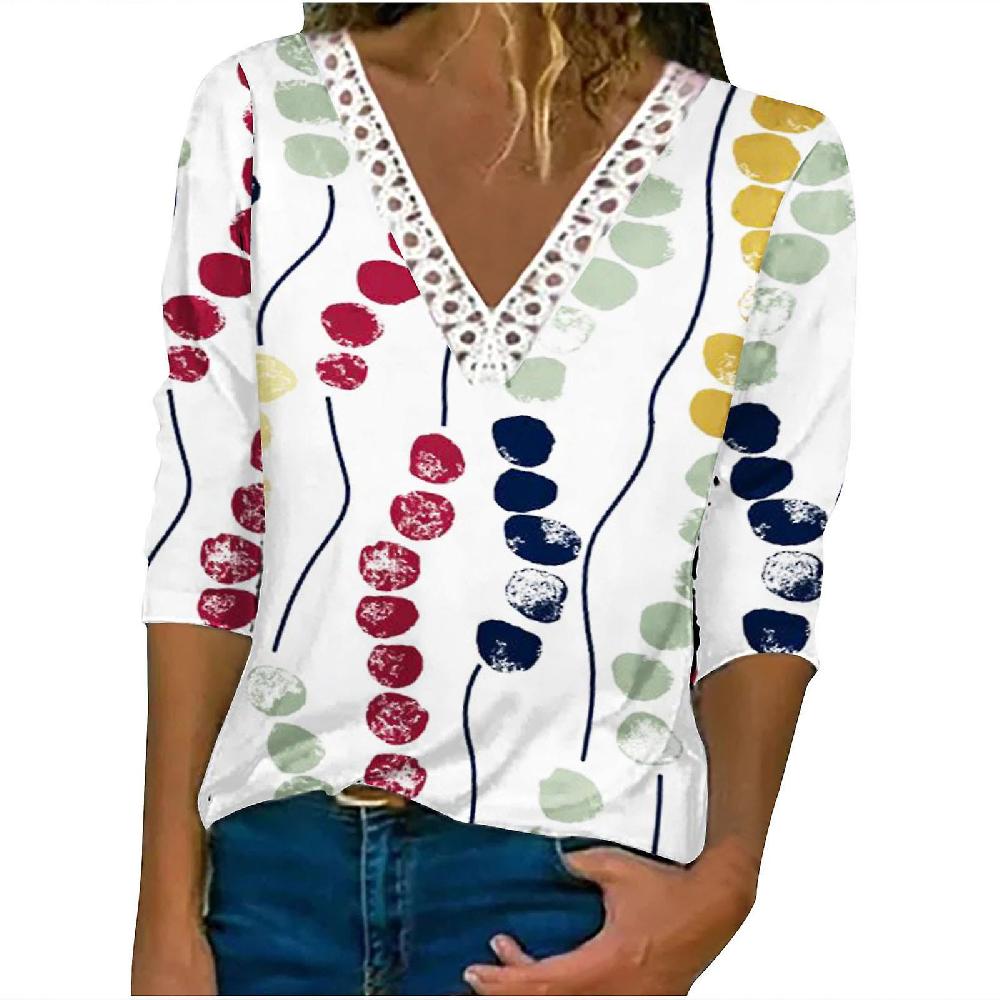 Women Skirts Women'S Fashion Printed Lace Long Sleeves Blouse V-Neck Casual Tops