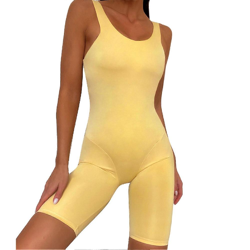 Women Sports Bodysuit Pure Color Slim Skinny Deep U Beauty Back Yoga Jumpsuits For Female Egg Yolk Color S