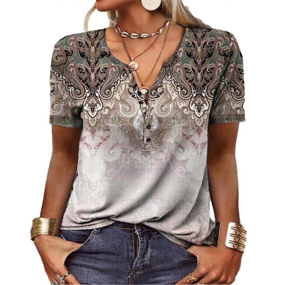 Women Summer Button Collar T Shirt Short Sleeve Printed Casual Loose Fitting Pullover Top Khaki XL